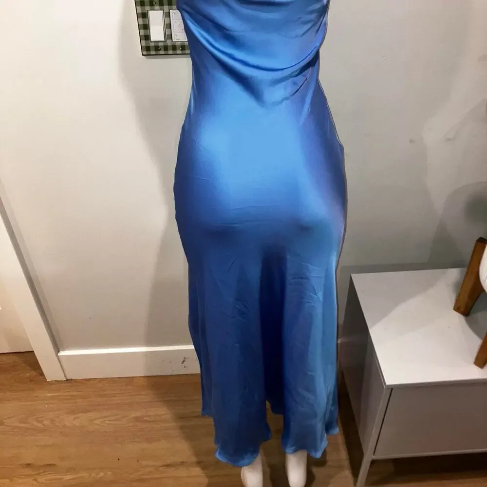 Blue satin maxi dress with 3D floral detail